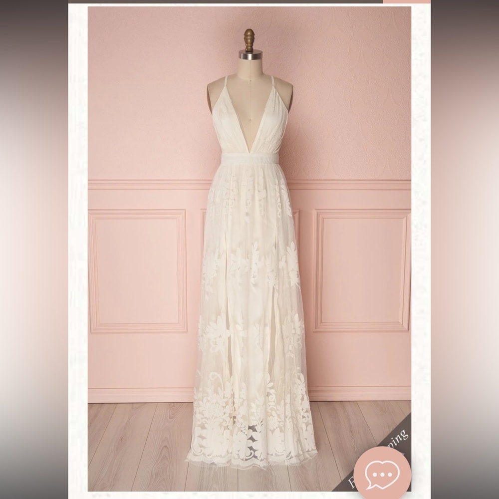 Kailania Snow | Ivory Floral Mesh Deep V-Neck Maxi Dress